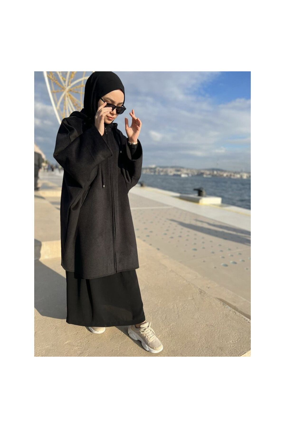 Armâni kalın kaşe panço düz kesim kapşonlu