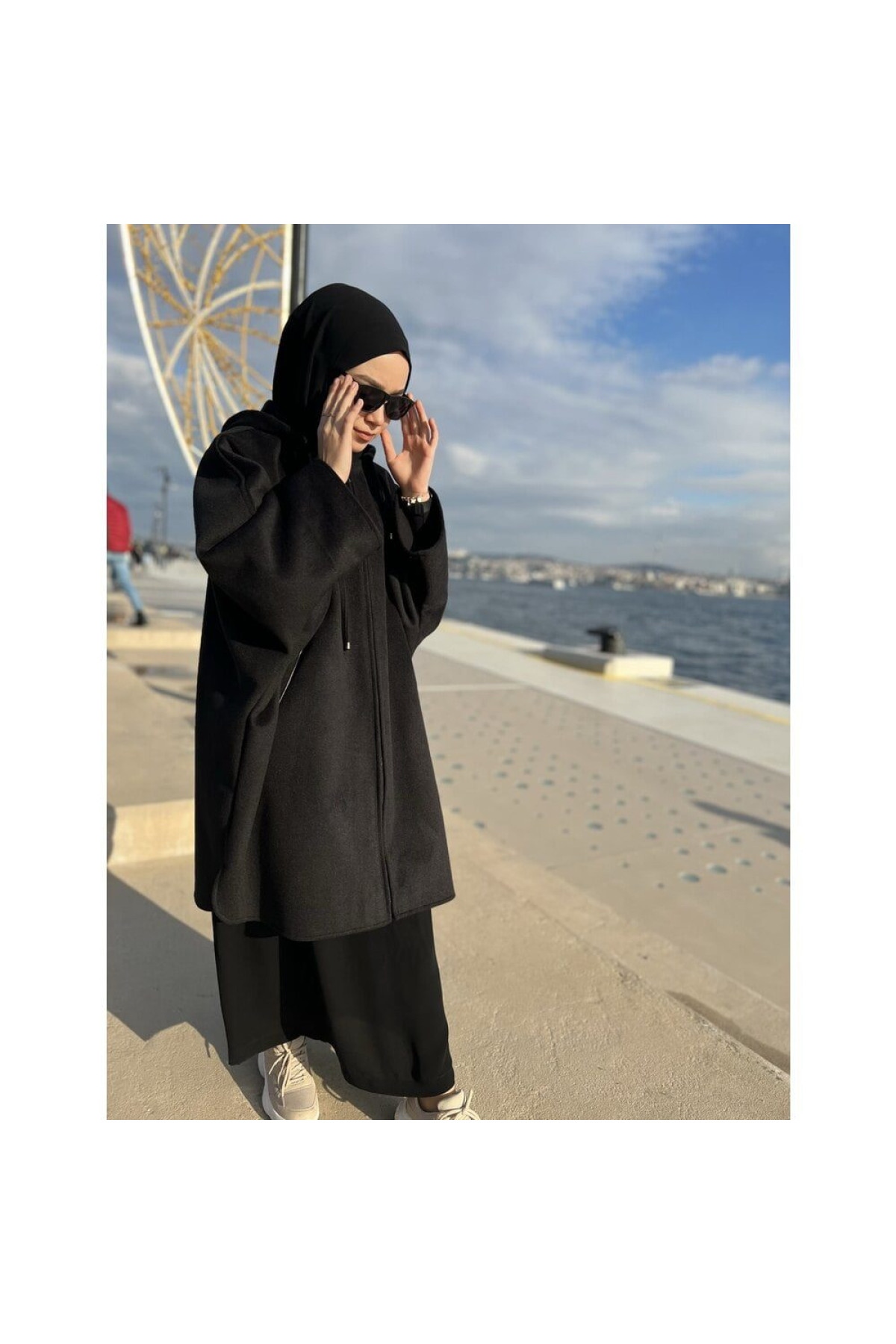 Armâni kalın kaşe panço düz kesim kapşonlu