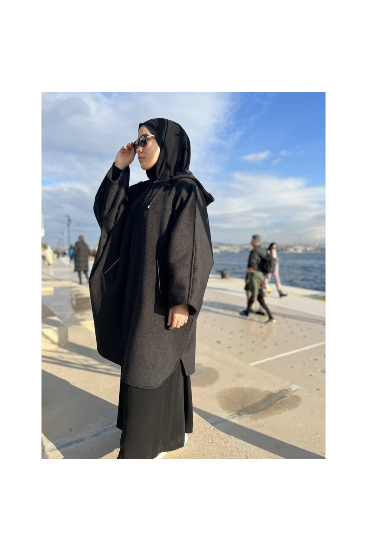 Armâni kalın kaşe panço düz kesim kapşonlu