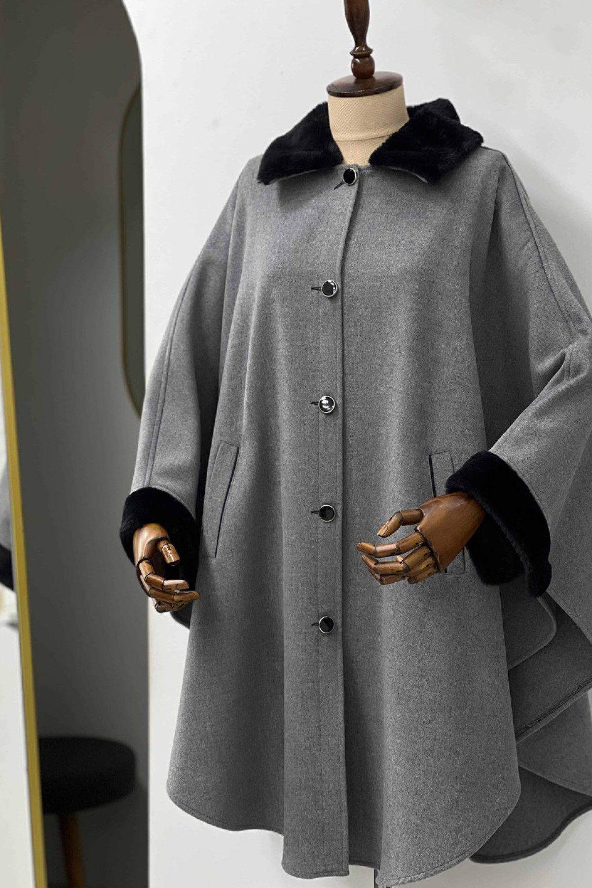 Hakim yaka foklu grey panço