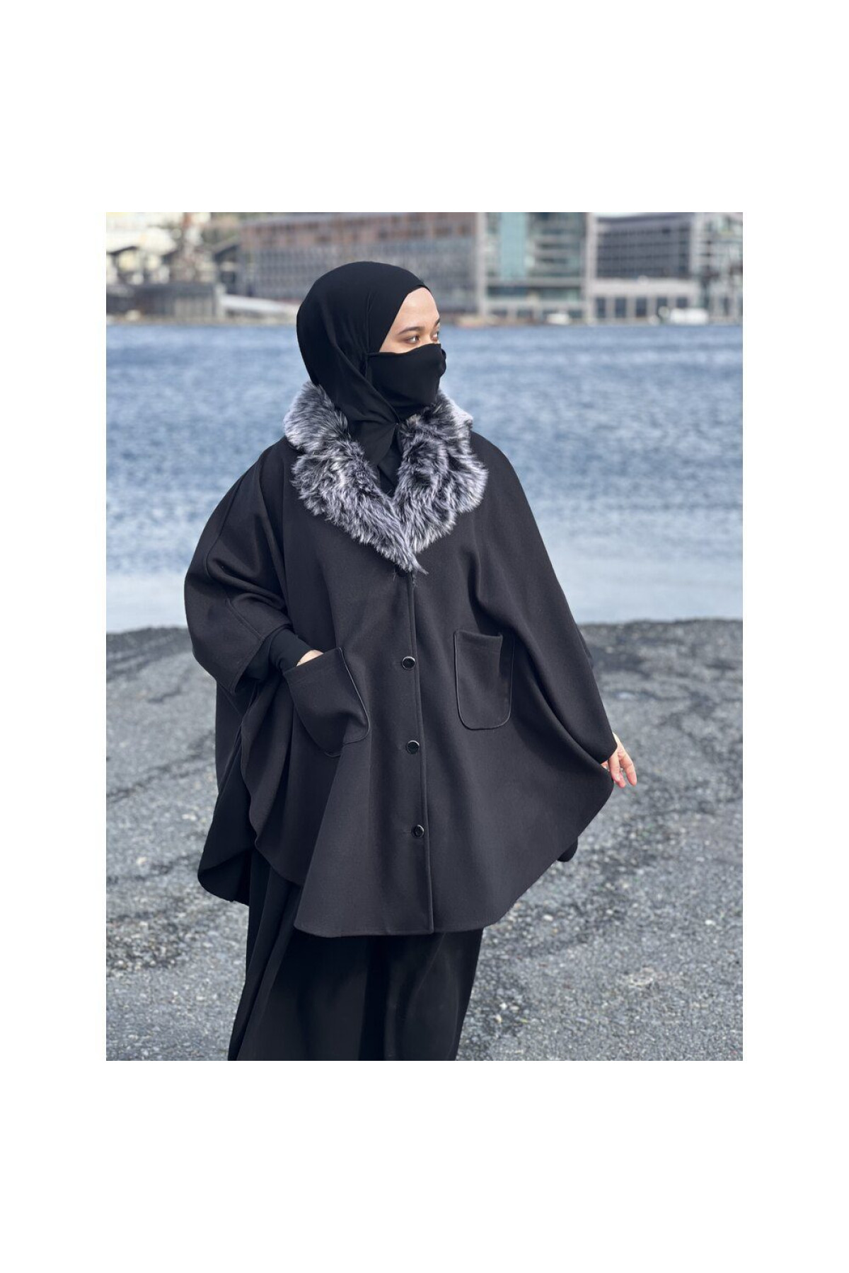 kaşe karma yaka panço ön görünüm