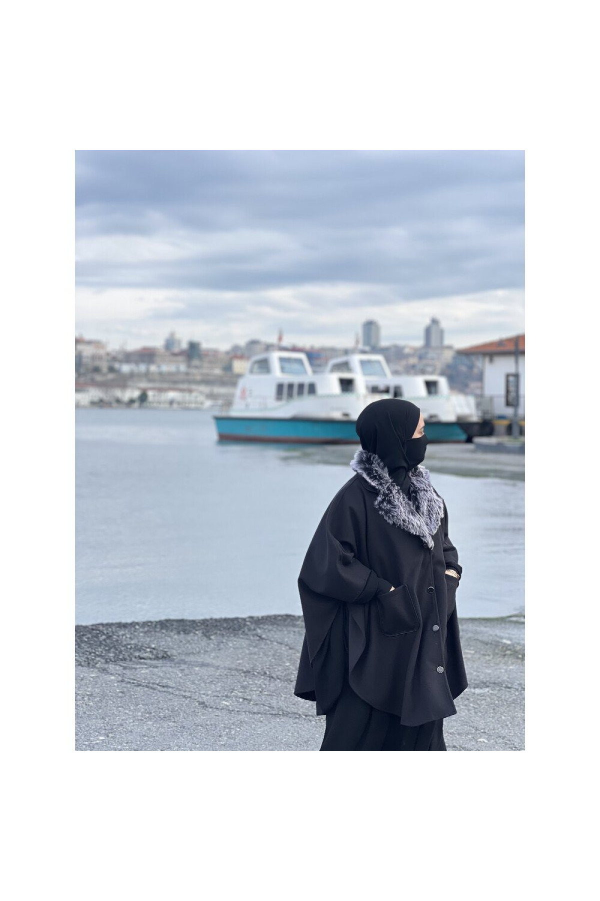 kaşe karma yaka panço ön görünüm