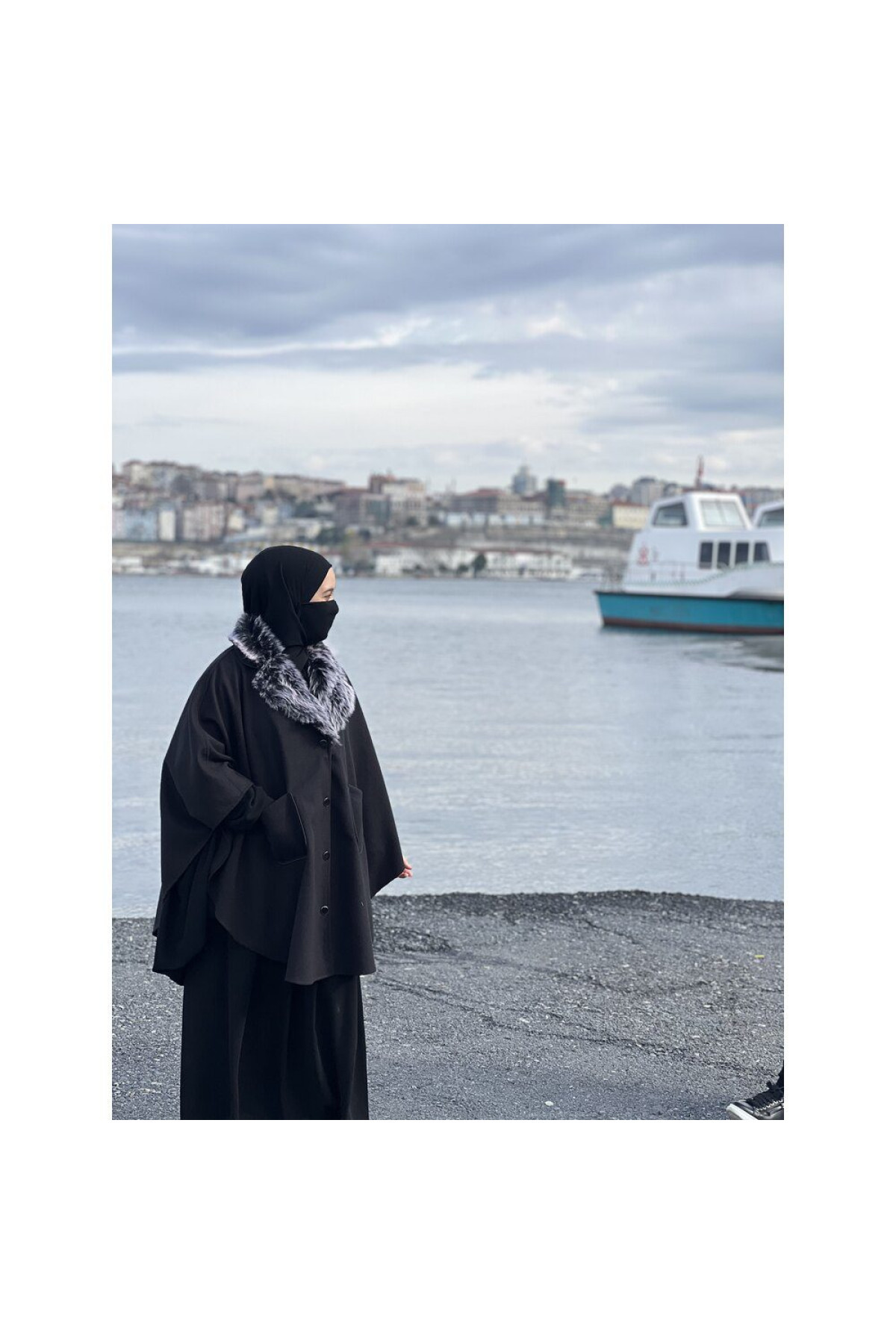 kaşe karma yaka panço ön görünüm