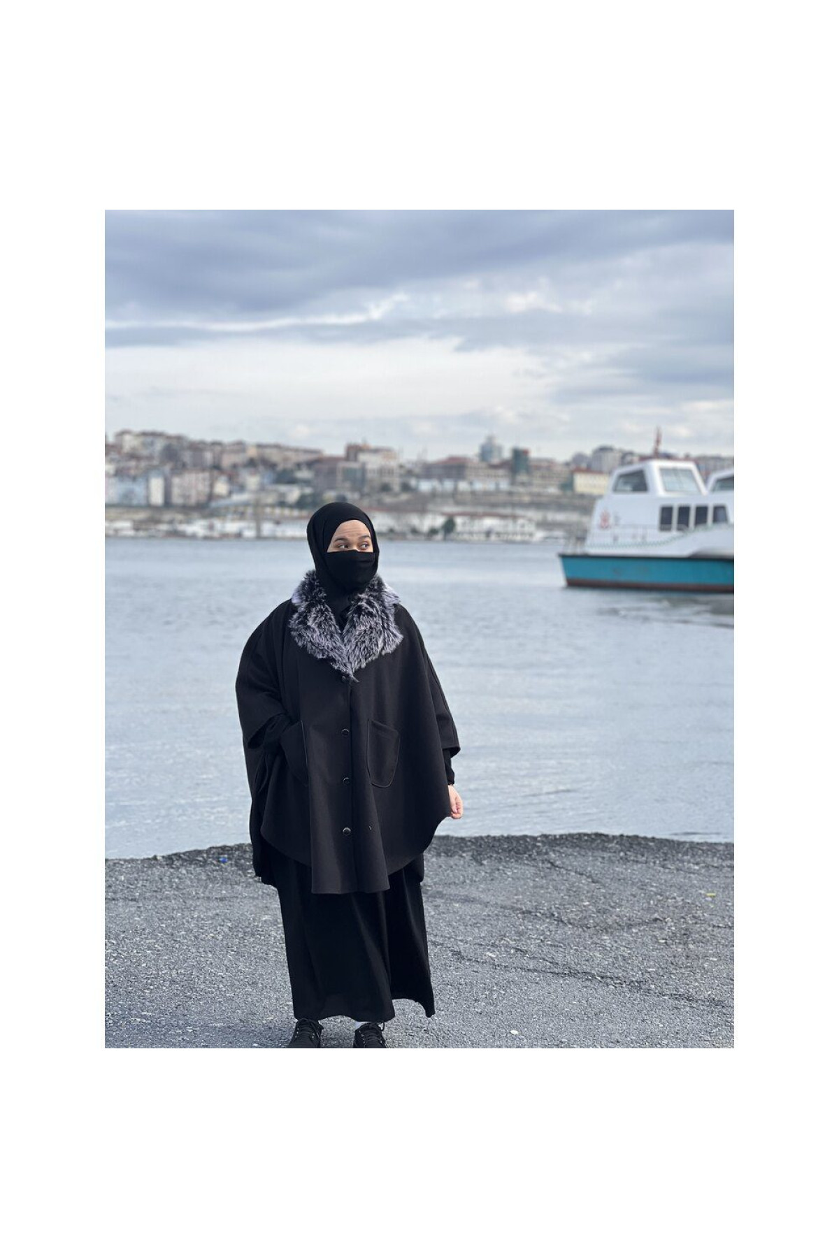 kaşe karma yaka panço ön görünüm