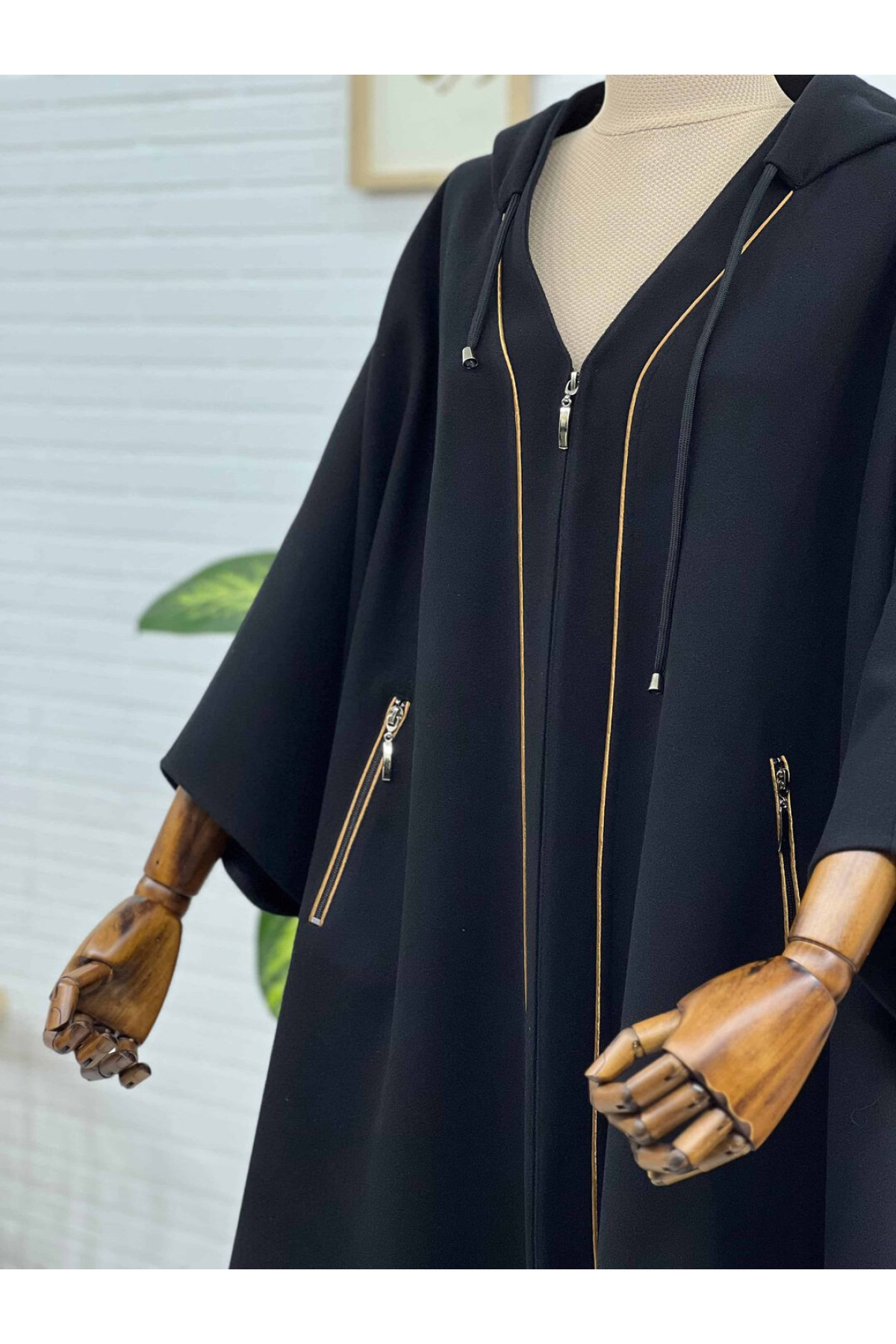 kimono gold biyeli yaka panço ön görünüm